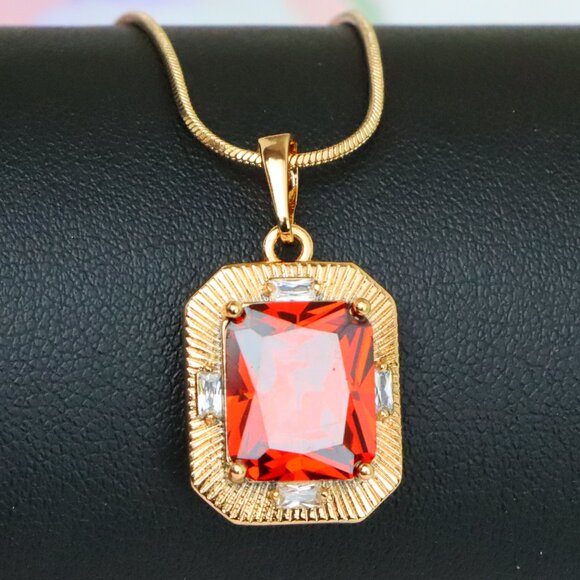 "Red Rectangle Pendant with Gold Frame and Sparkling Stone Accents, XPPT1787 - Picture 1 of 13